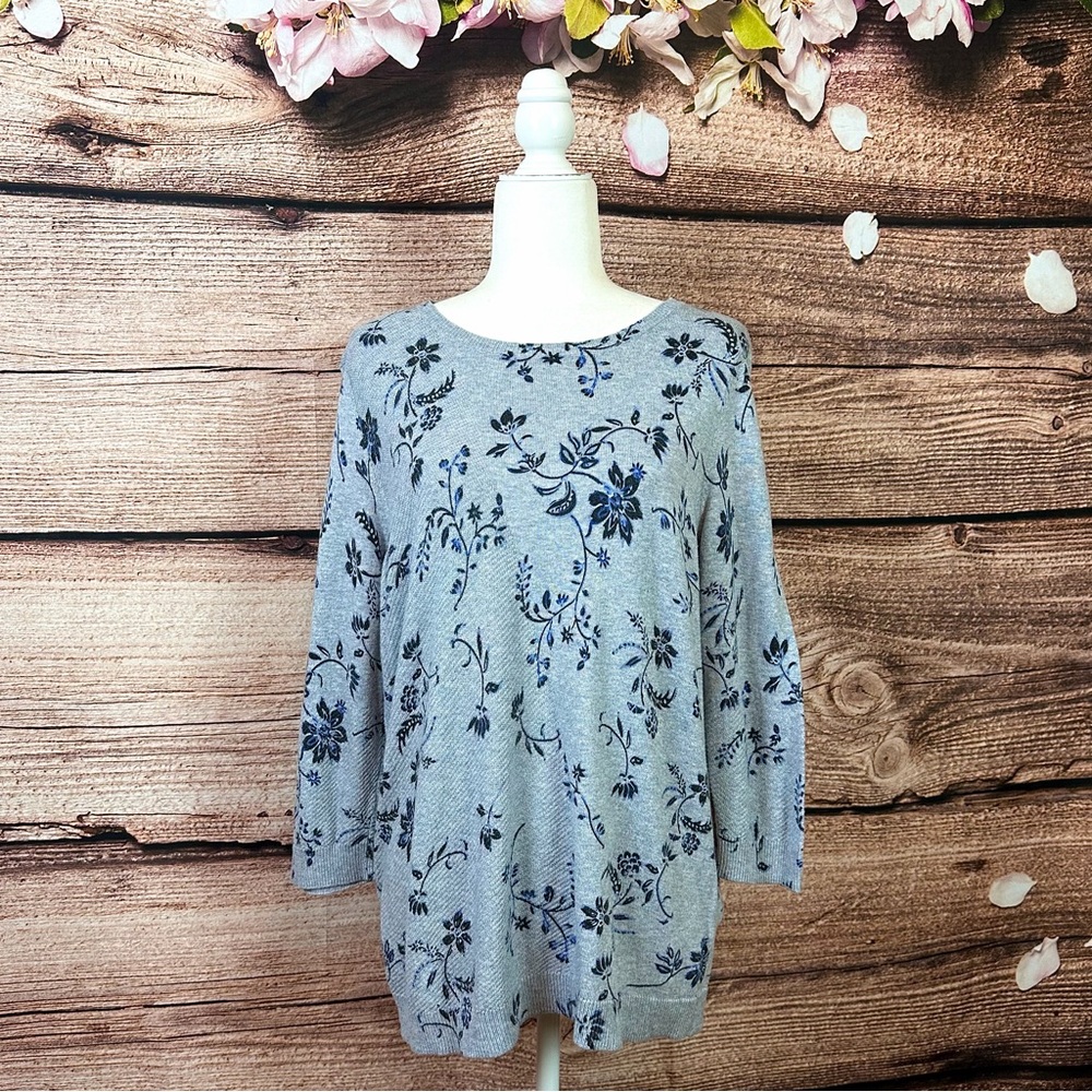 Westport Women’s Cotton Grey Blue Floral Print Knit Sweater Tunic Large